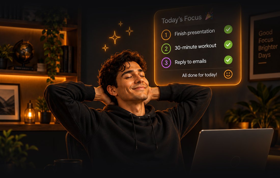 A man leaning back, relaxed, beside a card showing all three of today's tasks checked off