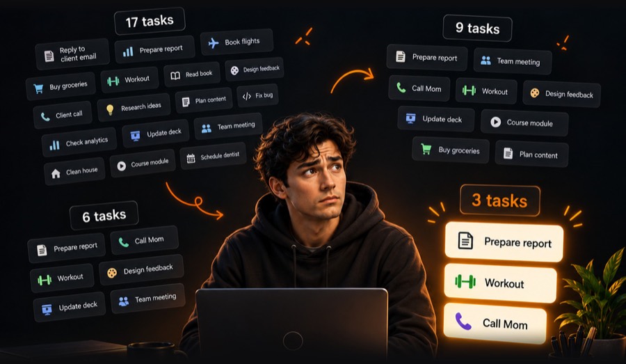 A man at his laptop surrounded by lists of 17, 9 and 6 tasks, with three highlighted tasks beside him