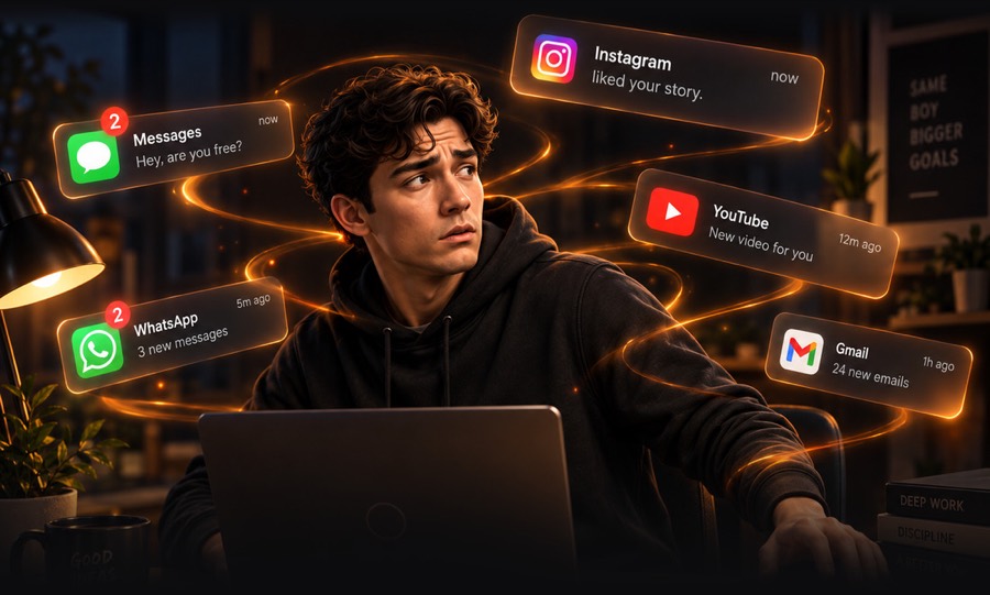 A man at his laptop looking away at notifications from Messages, Instagram, WhatsApp, YouTube and Gmail