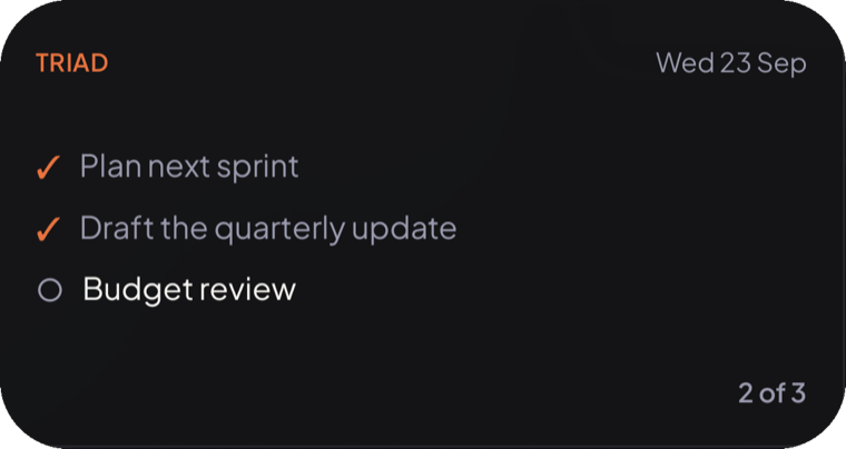 The Triad widget showing two of three tasks done